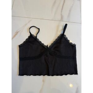 H&M Divided‎ Black Ribbed Lace Trim Cami Crop Top Adjustable Straps Bow Detail